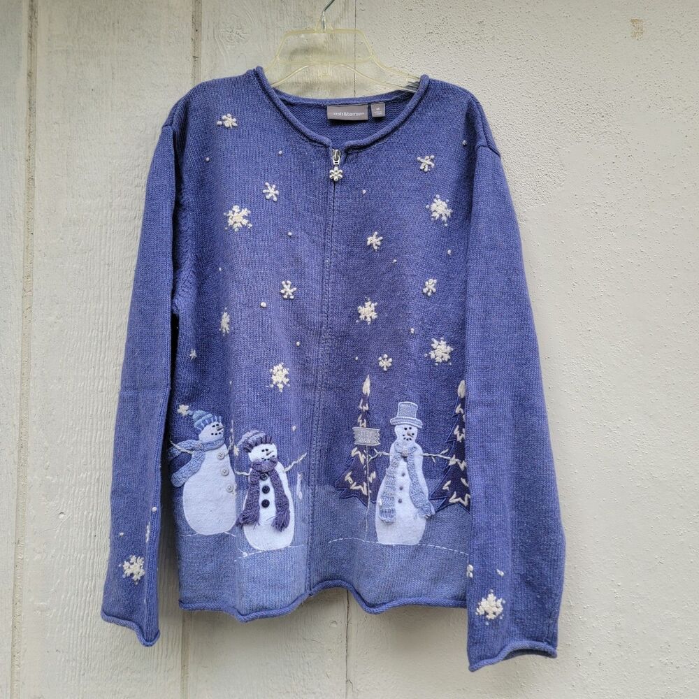 Croft & Barrow Womens Snowman Knit Zip Up Cardigan Sweater Size M Purple